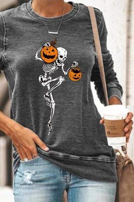 Halloween Skull Skeleton Pumpkin Print Top