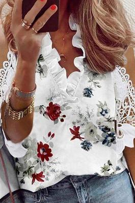 Cold Shoulder Floral Print Guipure Lace Top