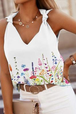 Floral Print Knotted V Neck Casual Tank Top