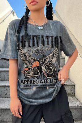 FESTIVAL OUTFITS MOTORCYCLE SLOGAN PRINTED ROUND NECK SHORT SLEEVE T SHIRT SUITABLE FOR SUMMER WOMEN