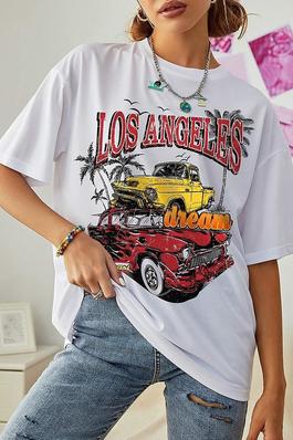 EZWEAR CAR AND LETTER GRAPHIC DROP SHOULDER OVERSIZED TEE