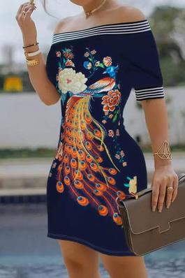 FLORAL PEACOCK PRINT STRIPED TAPE BODYCON DRESS