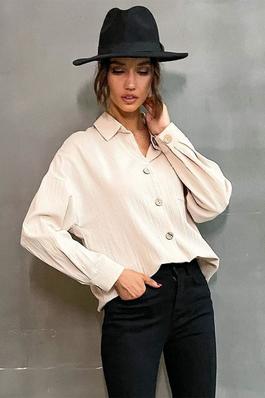 FOR WOMEN APRICOT BUTTONS POCKETS TURNDOWN COLLAR CASUAL LONG SLEEVES POLYESTER OVERSIZED T SHIRT