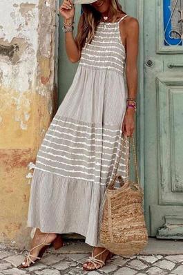 LUNE LEISURE STRIPED AND PRINTED SPLICE LONG SWINGING DRESS FOR VACATION