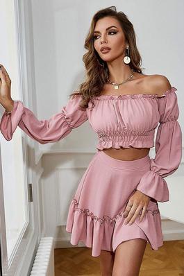 SETS SALMON POLYESTER CASUAL CLOTHES SUMMER LONG SLEEVES BATEAU NECK BOHEMIAN DRESS WOMEN OUTFIT