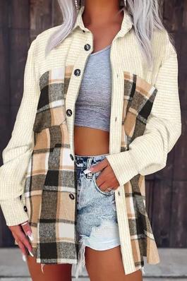 CONTRAST PLAID LONG SLEEVE BUTTON DOWN SHACKET