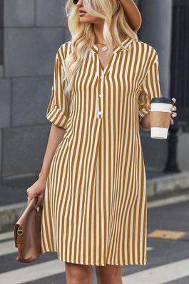 NECK STRIPED CASUAL HOLIDAY DRESS WITH ADJUSTABLE SLEEVE CUFFS AND DECORATIVE BUTTONS SPRING SUMMER