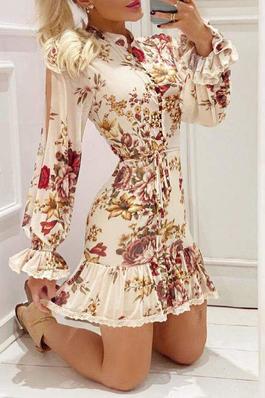 Cutout Bell Sleeve Lace Trim Floral Print Dress
