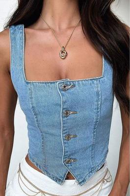 SOLID BUTTON CROP TANK TOP