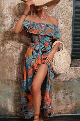 Tropical Print Off Shoulder Ruffle Trim Maxi Dress