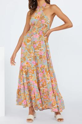 Floral Print Halter Neck Strap Swing Maxi Dress