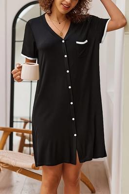 Contrast V-Neck Button Down Nightgown Nightdress