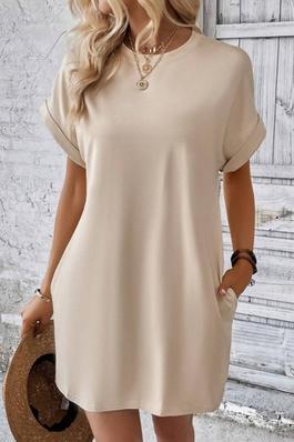 Round Neck Batwing Sleeve Pocket Patched Tee Dress