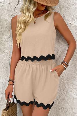 Contrast Trim Round Neck Top And Shorts Set