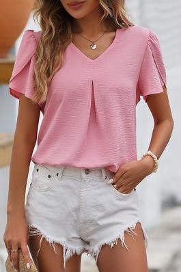 V Neck Petal Sleeve Ruched Chiffon Blouse Top