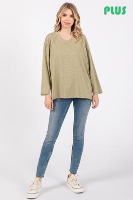 V Neck Long Sleeve Textured Plus Size Top