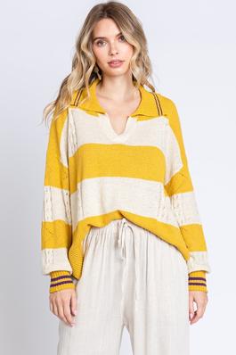 Stripe Collar Knit Polo Light Sweater