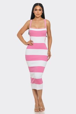 Stripe Stretchy Knit Midi Dress