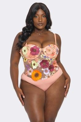 PLUS EMBROIDERED FLORAL SHEER MESH BODYSUIT