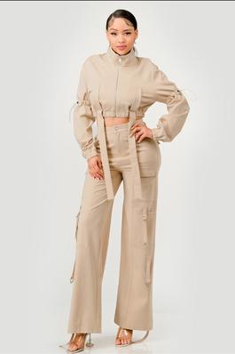 LONG SLEEVE TOP AND WIDE LEG CARGO PANT SET