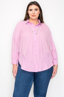 PLUS SOLID BUTTON DOWN SHIRT WITH RUFFLE DETAIL