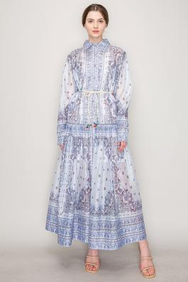 Long Sleeve Paisley Print Belted Waist Maxi Dress
