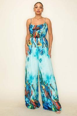 COWL NECK OPEN AND SMOCKED BACK WIDE LEG JUMPSUIT