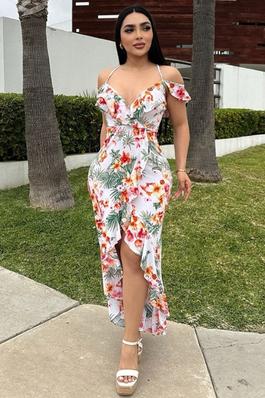 Long floral maxi dress with stretch fabric