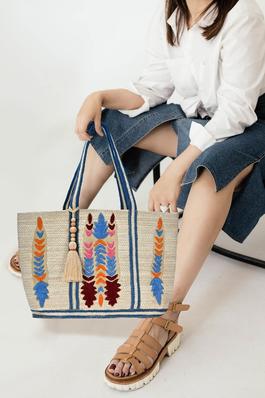 Handmade Aztec Embroidered Jute Tote Bag