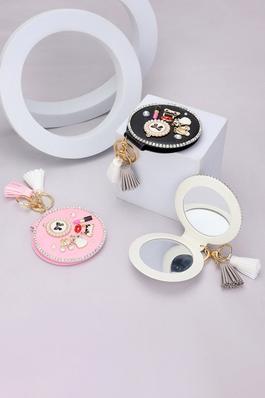 Bow Charm Faux Leather Compact Mirror Keychain