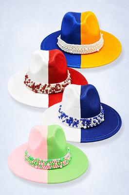 Pearl Embellished Band Color Block Fedora Hat