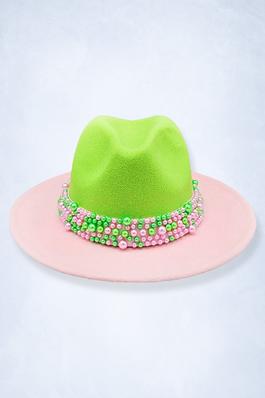 Pearl Embellished Band Color Block Fedora Hat