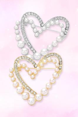 Pearl Stone Paved Open Heart Pin Brooch