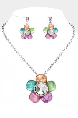 Glass Stone Colored Metal Flower Pendant Necklace