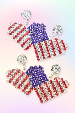 American USA Flag Rhinestone Heart Dangle Earrings