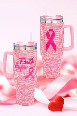 Pink Ribbon Studded 40oz Stainless Tumbler Handle