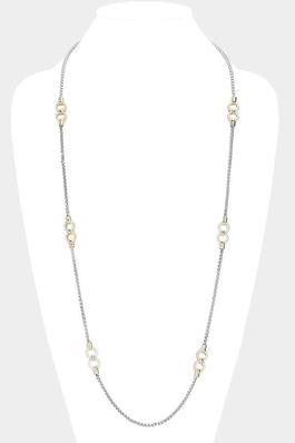 14K Gold Two Tone CZ Paved Double O Long Necklace