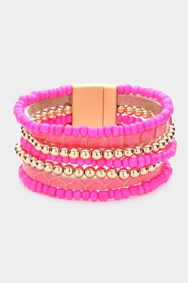 Metal Ball Beads Faux Leather Magnetic Bracelet