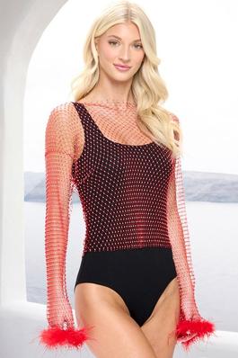 Bling Mesh Cover Up Sleeves Top Feather Cuff