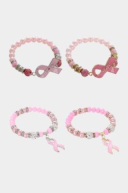 12PCS - Pink Ribbon Beaded Stretch Bracelets