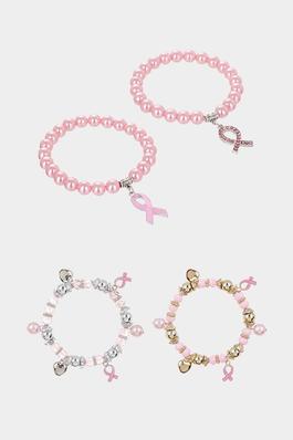 12PCS - Pink Ribbon Pearl Heart Stretch Bracelets