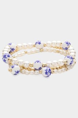 3PCS - Blue Floral Pearl Stretch Layered Bracelets