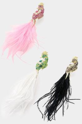 Pearl Stone Paved Feather Tip Peacock Pin Brooch