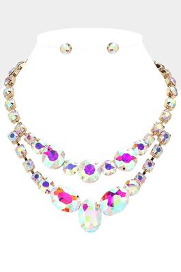 Oval Glass Stone Cluster Layered Evening Necklace
