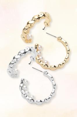 Textured Metal Pearl Pointed Hoop Earrings