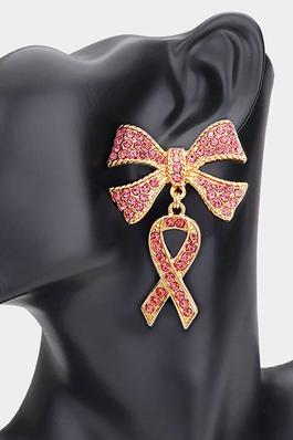 Rhinestone Pave Pink Ribbon Dangle Earrings