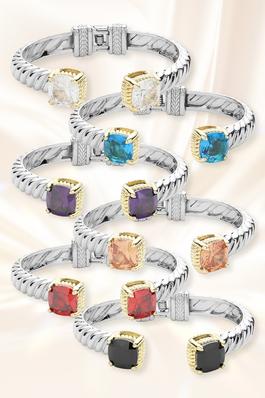 CZ Square Two Tone Twisted Hinged Cuff Bracelet