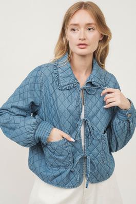 PETER PAN COLLAR DENIM QUILTED JACKET WITH BOW