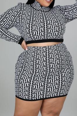 PLUS Long sleeves High waisted skirt Two-piece set