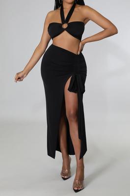 Metal ring Crop top High waisted skirt Two piece s